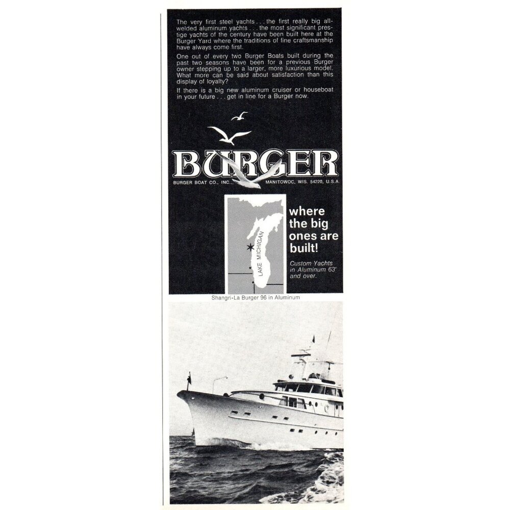 1971 Burger Shangri-La 96 Motor Yacht Vintage Print Ad Nautical 70s Wall Art